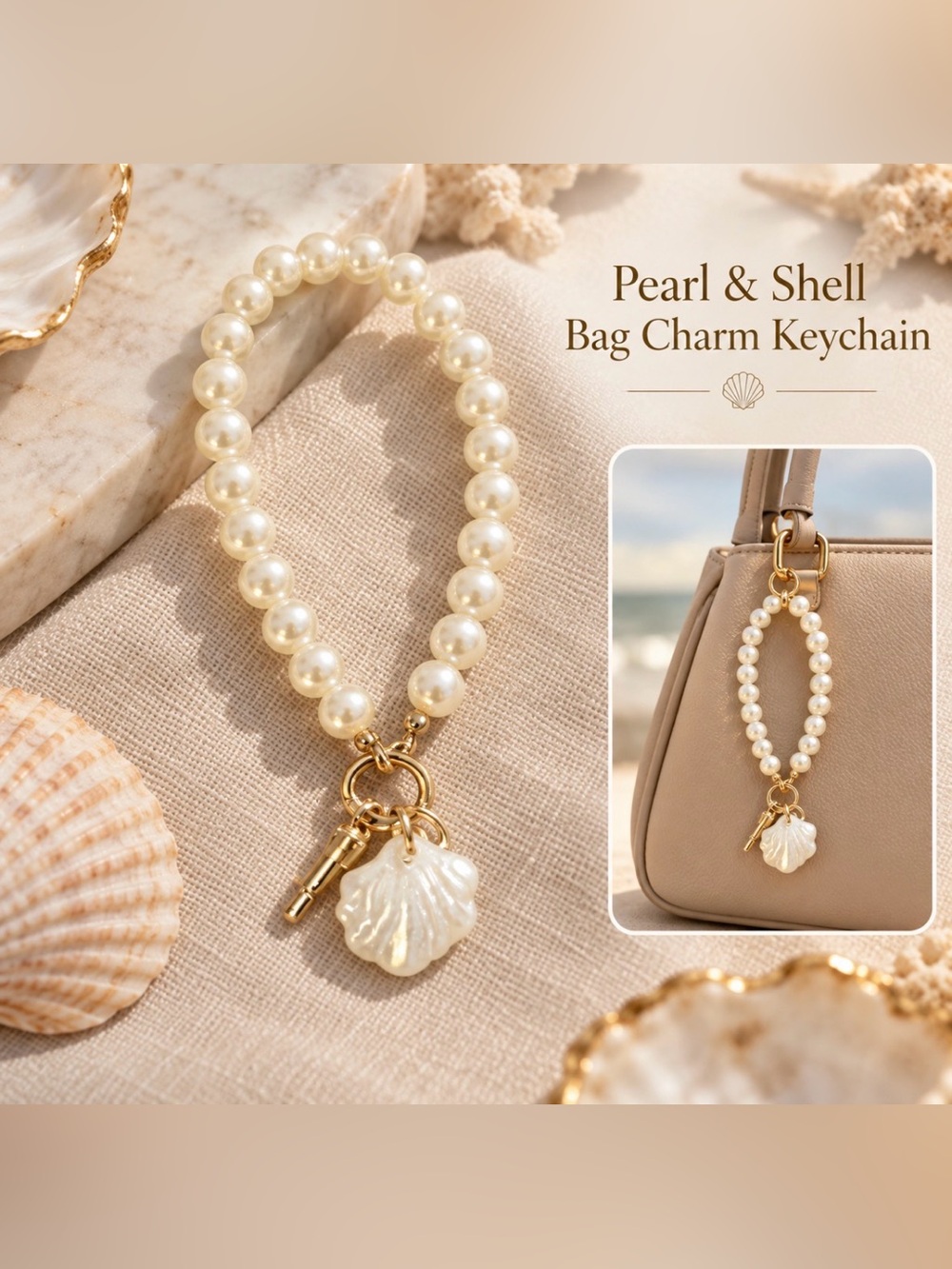 Pearl & Shell Bag Charm Keyring - Cream Pearl